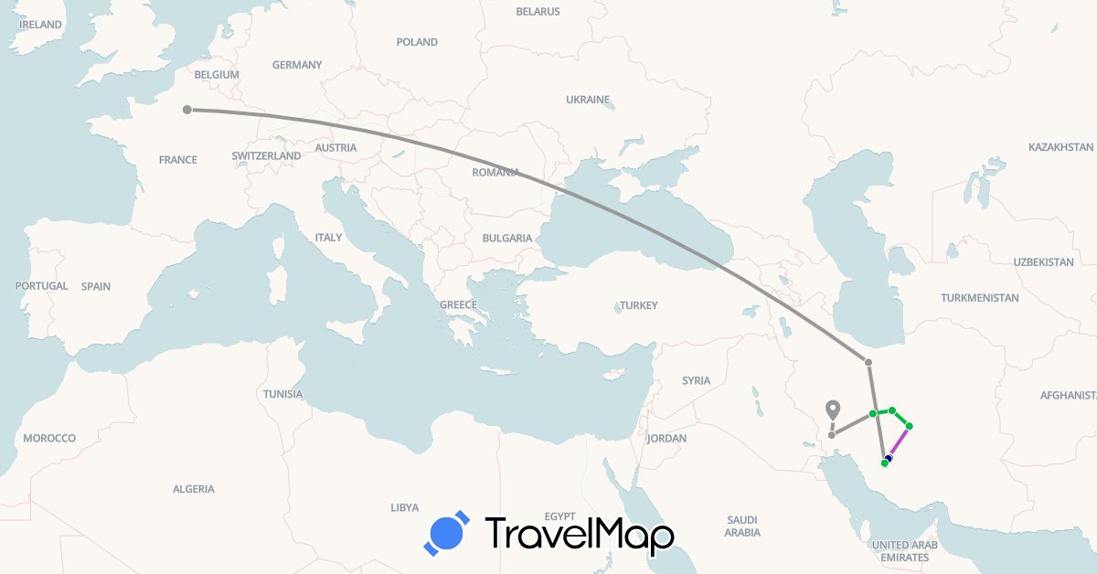 TravelMap itinerary: driving, bus, plane, train in France, Iran (Asia, Europe)