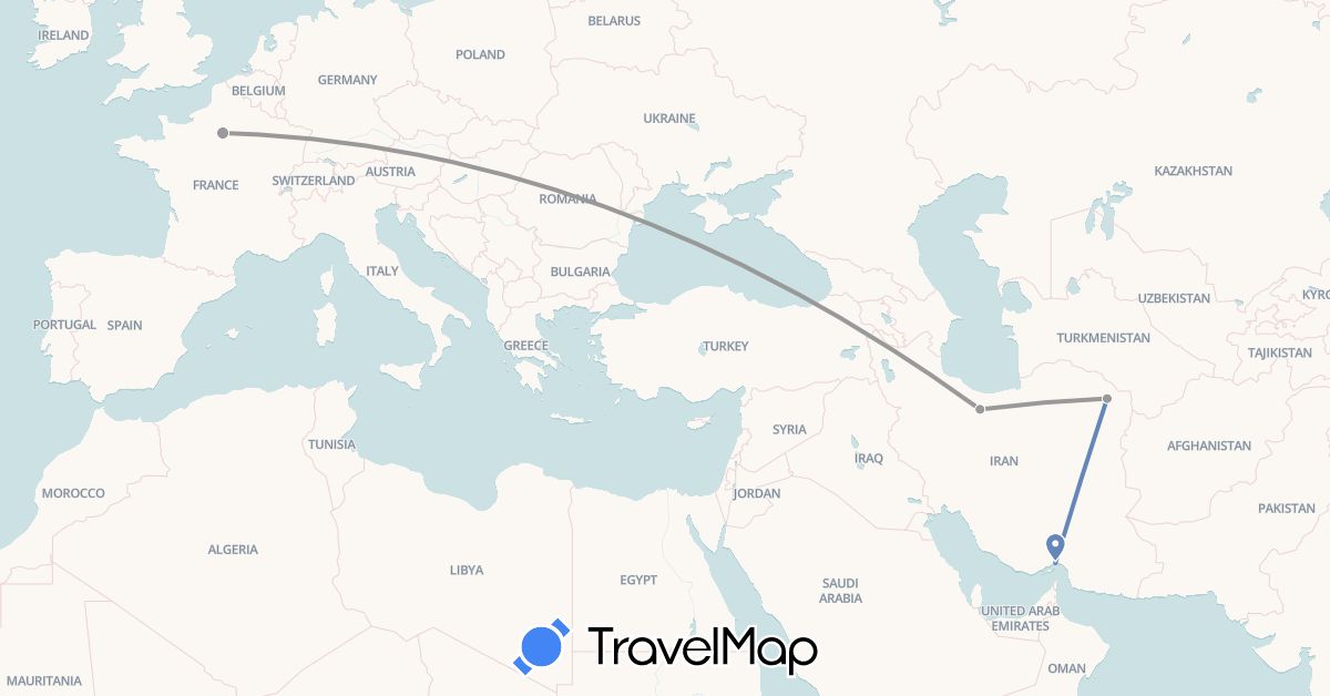 TravelMap itinerary: driving, plane, cycling in France, Iran (Asia, Europe)